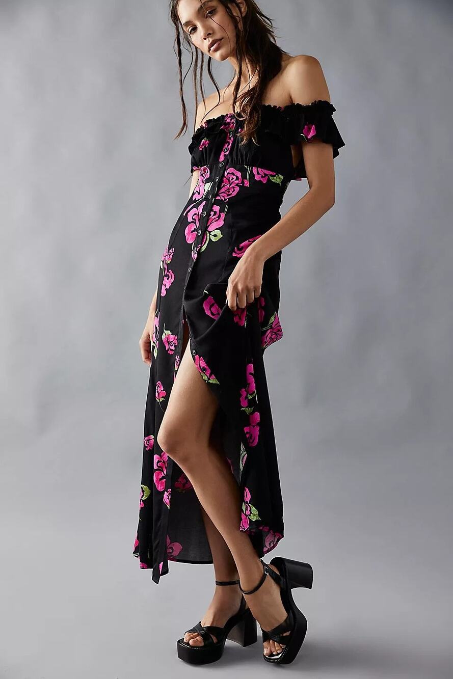 New Free People She's A Dream Floral Midi Dress OTS $168 X-SMALL Black Boho